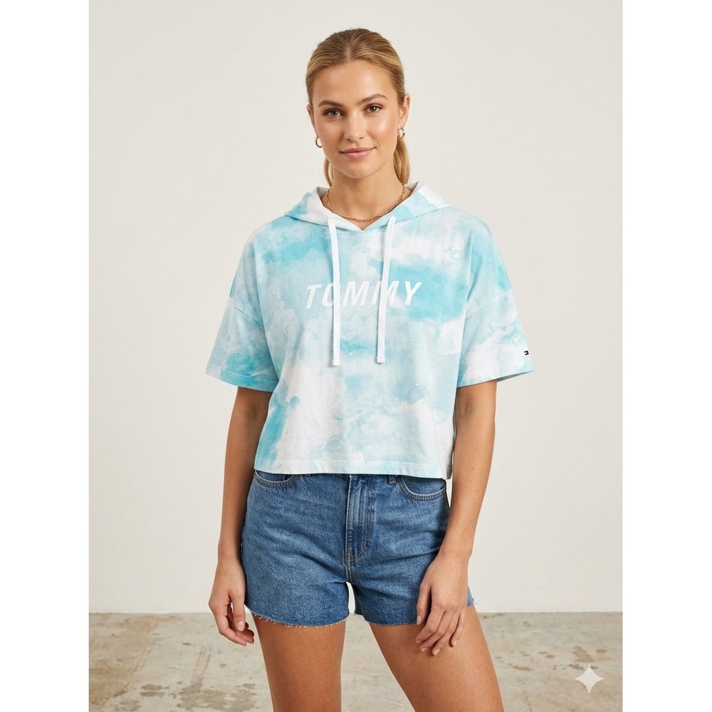 Tommy Hilfiger Sport Womens Blue Tie Dye Short Sleeve Hoodie Crop Top Large